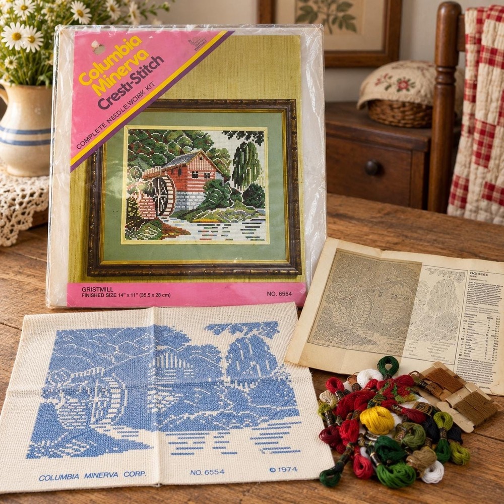 Vintage 1974 Columbia Minerva Cross Stitch Kit #6554 Gristmill Mill 14x11 NOS